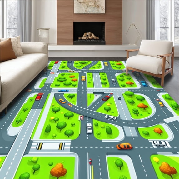 ODIKA 3'x5' Machine Washable Non-Slip Area Rug, Enchanted Neighborhood Traffic Map High Traffic Rug, Green, 28954
