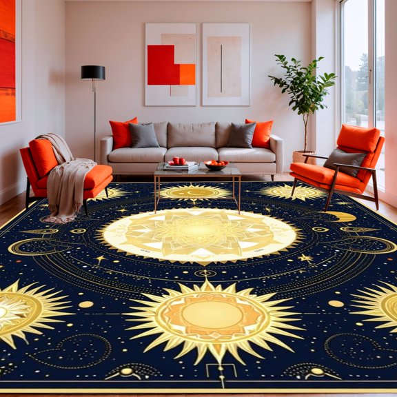 Flatwoven High Traffic Area Rug, Enchanted Sun and Moon Floor Covering with Astrological Art, Non Slip, Stain Resistant, Washable Area Rugs for Living Room, Bedroom(Gold, 2X3)
