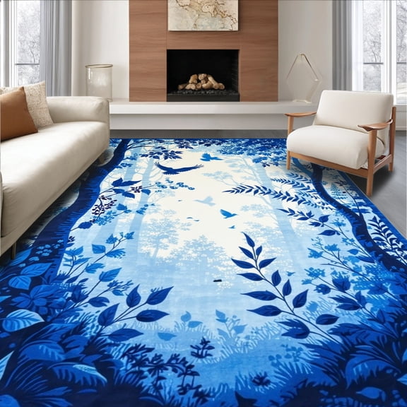 ODIKA 5'x7' Machine Washable Non-Slip Area Rug, Enchanted Woodland Trail Abstract Floral Leaves High Traffic Rug, Blue, 155440