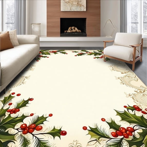 ODIKA 5'x7' Machine Washable Non-Slip Area Rug, Enchanted Yuletide Botanical With Wavy Lace Edge Design High Traffic Rug, Red, 148472