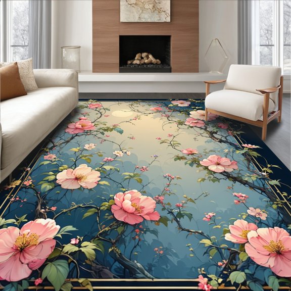 ODIKA 8'x10' Machine Washable Non-Slip Area Rug, Enchanting Bloom Cascade With Delicate Petal Overlays And Curved Stems High Traffic Rug, Pink, 197222