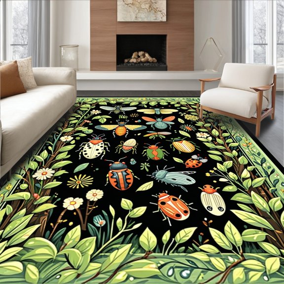 Flatwoven High Traffic Area Rug, Enchanting Bug Motif with Artistic Plant Elements, Non Slip, Stain Resistant, Washable Area Rugs for Living Room, Bedroom(Green, 2X3)