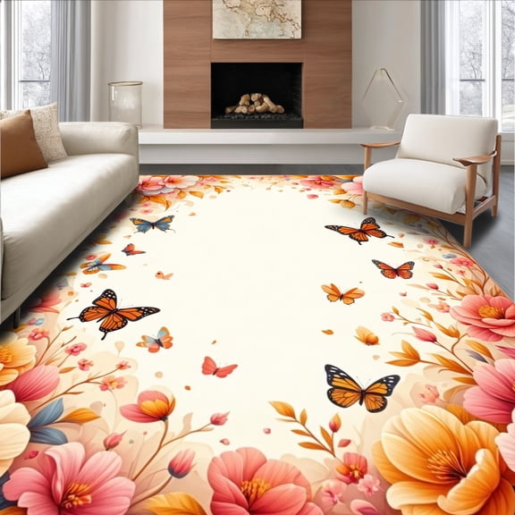 ODIKA 4'x6' Machine Washable Non-Slip Area Rug, Enchanting Bloom for Charming Interiors High Traffic Rug, Peach, 156129