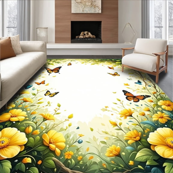 ODIKA 4'x6' Machine Washable Non-Slip Area Rug, Enchanting Floral Round with Nature Motifs High Traffic Rug, Yellow, 84400