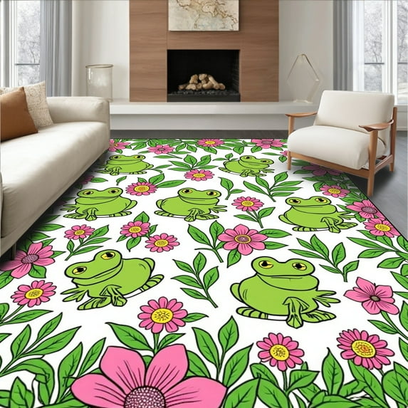 ODIKA 6'x9' Machine Washable Non-Slip Area Rug, Enchanting Frog and Flora for Spaces High Traffic Rug, Green, 324563