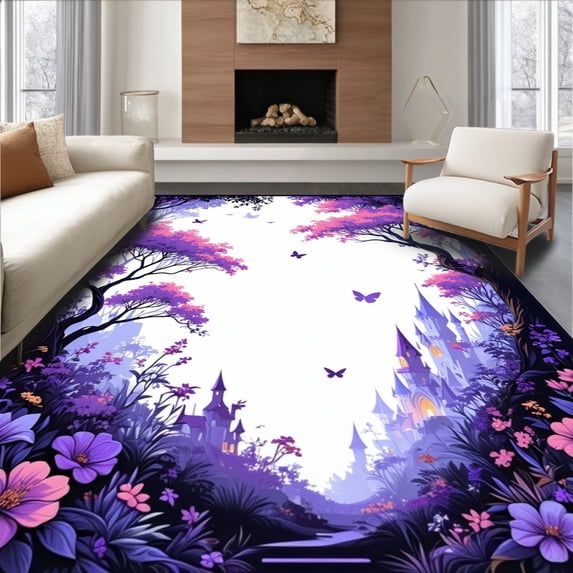 ODIKA 6'x9' Machine Washable Non-Slip Area Rug, Enchanting Hummingbird Dreamscape High Traffic Rug, Purple, 29215