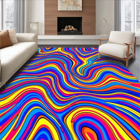 Flatwoven High Traffic Area Rug, Enchanting Rainbow Spectrum with Abstract Curves and Waves, Non Slip, Stain Resistant, Washable Area Rugs for Living Room, Bedroom(Blue, 2X3)