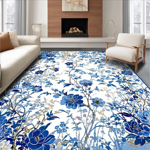 Flatwoven High Traffic Area Rug, Encompassing Royal Flower Whimsy with Surplus Nature Motifs and Masterpiece Flow, Non Slip, Stain Resistant, Washable Area Rugs for Living Room, Bedroom(Blue, 2X3)