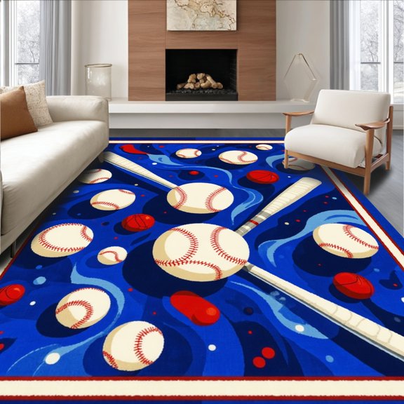 ODIKA 4'x6' Machine Washable Non-Slip Area Rug, Energetic Sports Collage with Baseball Icons and Dynamic Swirls High Traffic Rug, Blue, 129597