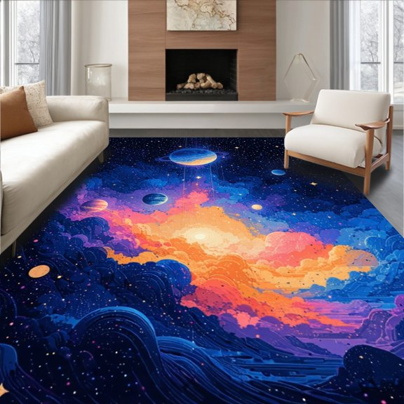 Flatwoven High Traffic Area Rug, Engaging Celestial Body Artwork, Non Slip, Stain Resistant, Washable Area Rugs for Living Room, Bedroom(Blue, 2X3)