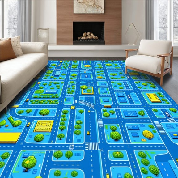 Flatwoven High Traffic Area Rug, Engaging Geometric City Map, Non Slip, Stain Resistant, Washable Area Rugs for Living Room, Bedroom(Blue, 2X3)