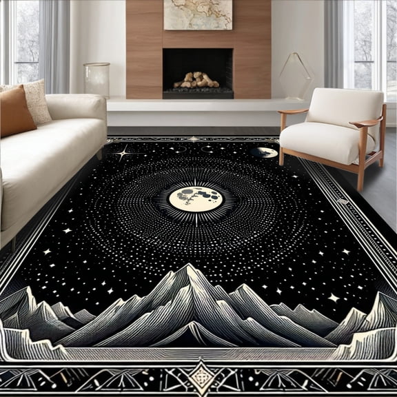 ODIKA 8'x10' Machine Washable Non-Slip Area Rug, Enigmatic Celestial Wave Design High Traffic Rug, Black, 35316
