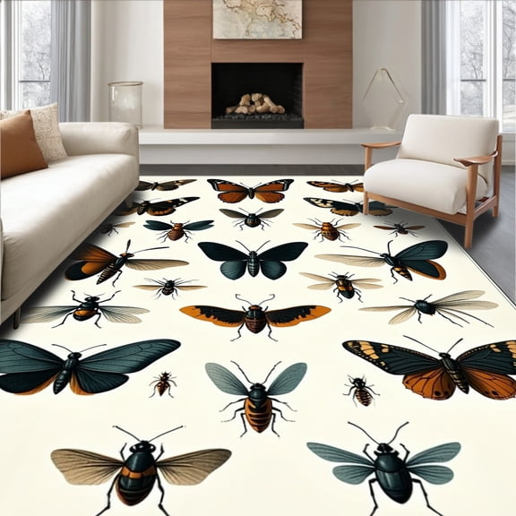 ODIKA 4'x6' Machine Washable Non-Slip Area Rug, Entomology With Scientific Beetle Drawings High Traffic Rug, Black, 279552
