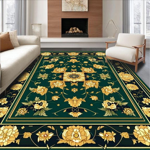 ODIKA 4'x6' Machine Washable Non-Slip Area Rug, Entryway with Vintage Print High Traffic Rug, Green, 148922