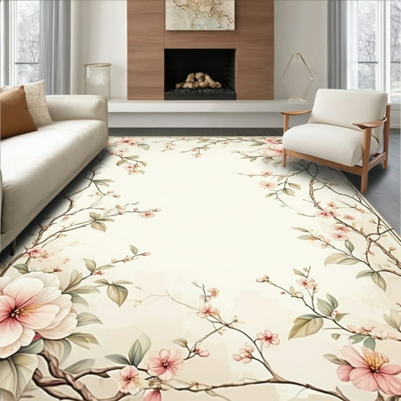 Flatwoven High Traffic Area Rug, Ethereal Bloom A Botanical Tapestry, Non Slip, Stain Resistant, Washable Area Rugs for Living Room, Bedroom(Beige, 4X6)