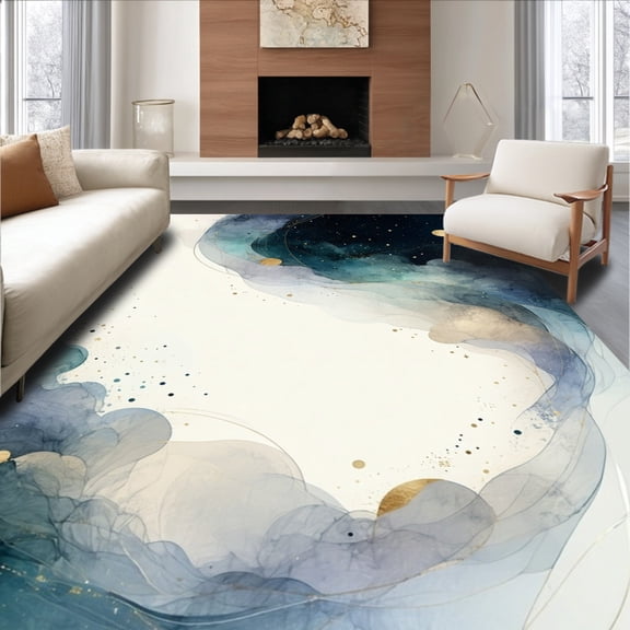 ODIKA 8'x10' Machine Washable Non-Slip Area Rug, Ethereal Cloud Swirl Celestial Night Sky Artistic High Traffic Rug, Blue, 164999