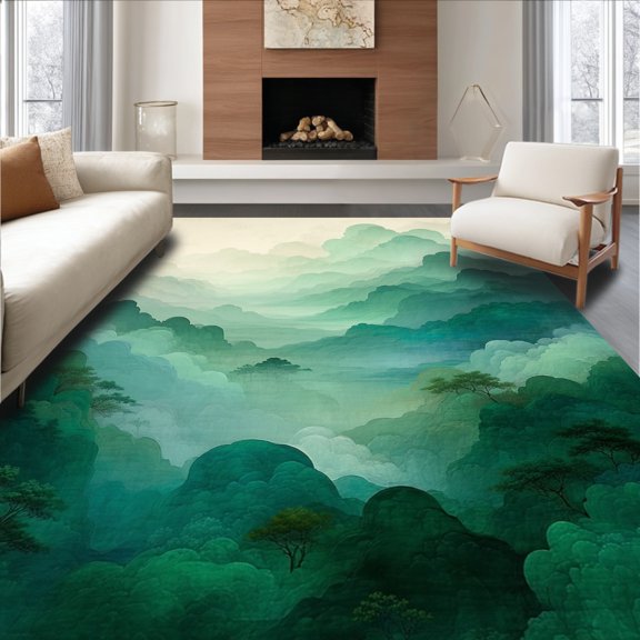 ODIKA 8'x10' Machine Washable Non-Slip Area Rug, Ethereal Cloudscape with Blended Green and Earthy Abstract Forms High Traffic Rug, Green, 149117