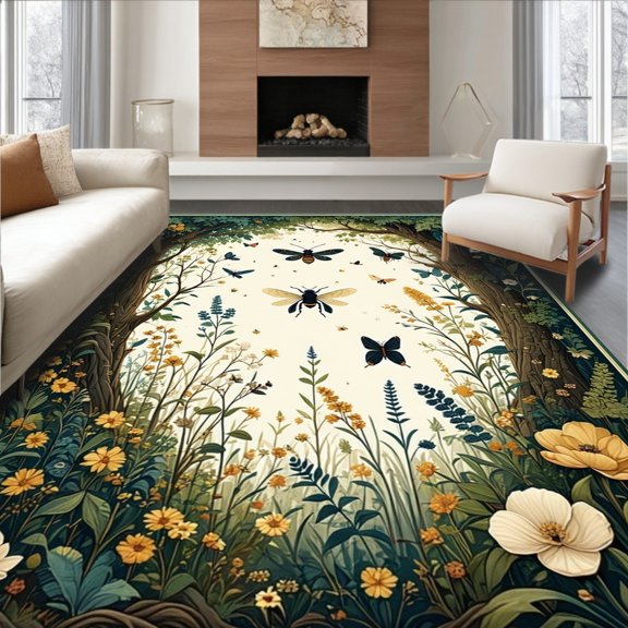 Flatwoven High Traffic Area Rug, Ethereal Insect & Floral Tapestry, Non Slip, Stain Resistant, Washable Area Rugs for Living Room, Bedroom(Green, 2X3)