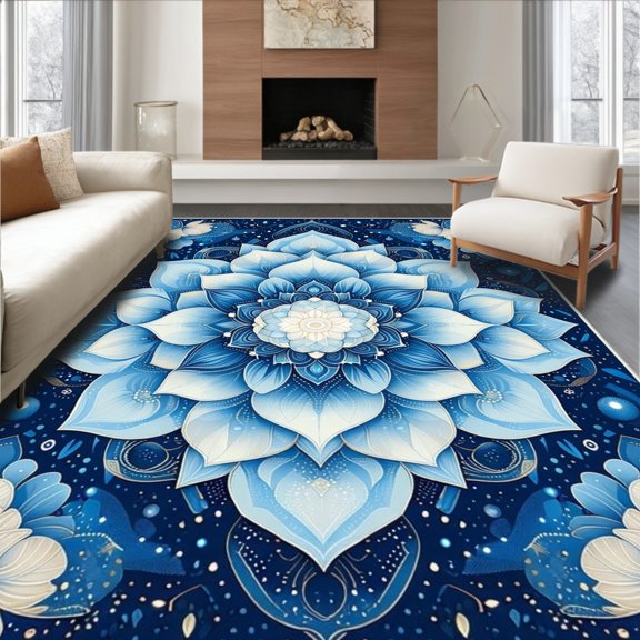 Flatwoven High Traffic Area Rug, Ethereal Lotus Artistic Tapestry, Non Slip, Stain Resistant, Washable Area Rugs for Living Room, Bedroom(Blue, 2X3)