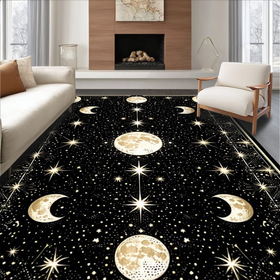 ODIKA 8'x10' Machine Washable Non-Slip Area Rug, Ethereal Moonlit Geometric High Traffic Rug, Black, 34782