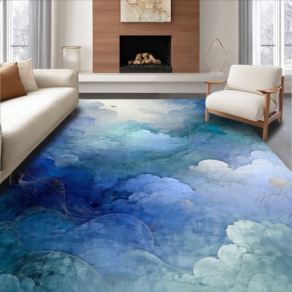 ODIKA 8'x10' Machine Washable Non-Slip Area Rug, Ethereal Phantasmal Mist with Dreamlike Swirls High Traffic Rug, Blue, 183415