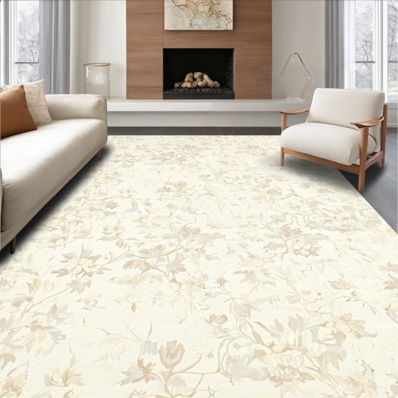 ODIKA 8'x10' Machine Washable Non-Slip Area Rug, Ethereal Ivory & Beige Tones Artistic Floral High Traffic Rug, Beige, 47046