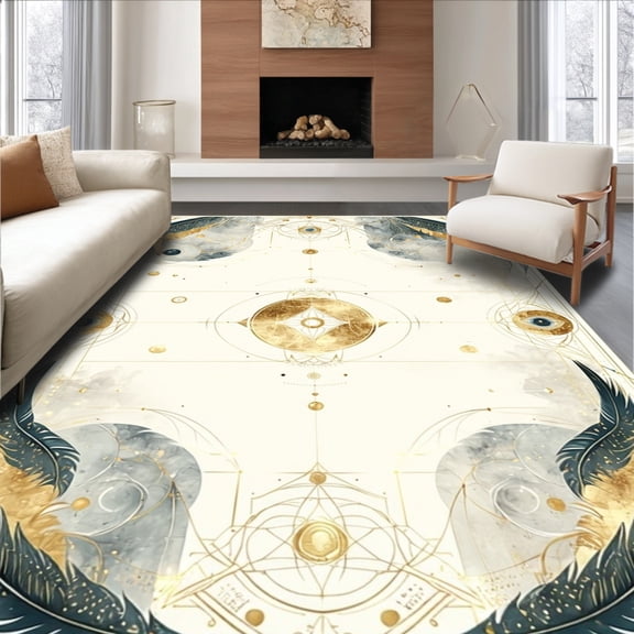 ODIKA 5'x7' Machine Washable Non-Slip Area Rug, Ethereal Winged Feather Seraph Medallion Geometric High Traffic Rug, Gold, 165829