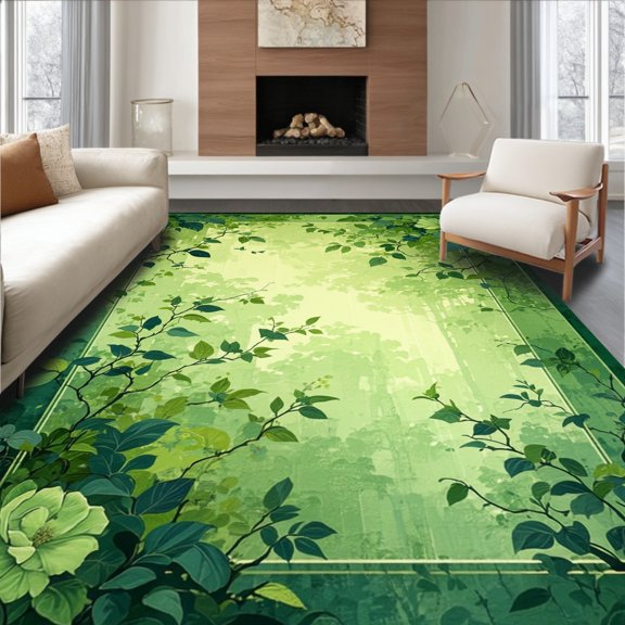 Flatwoven High Traffic Area Rug, Evergreen Moss with Layered Botanical Shapes and Subtle Gradient Highlights, Non Slip, Stain Resistant, Washable Area Rugs for Living Room, Bedroom(Green, 2X3)