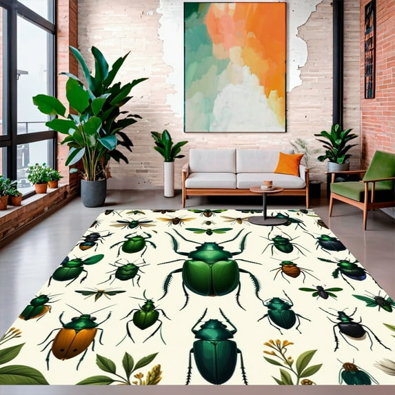 ODIKA 2'x3' Machine Washable Non-Slip Area Rug, Exotic Beetle Artistic High Traffic Rug, Green, 280040