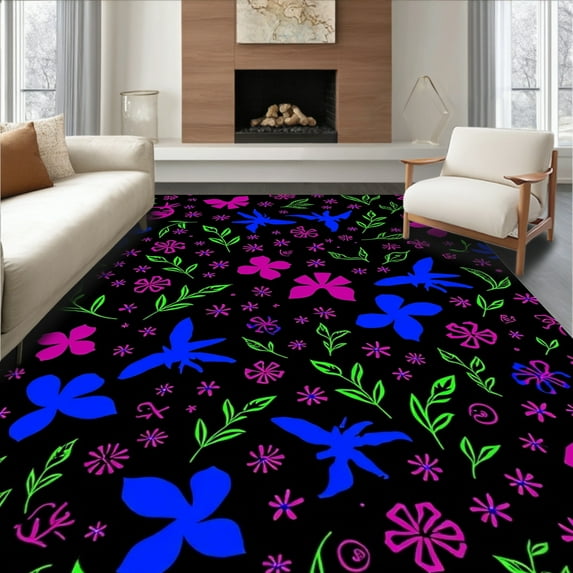 ODIKA 8'x8' Machine Washable Non-Slip Area Rug, Exotic Fauna Artistic Boho Decorative Statement High Traffic Rug, Pink, 297700