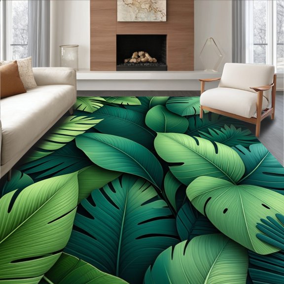 ODIKA 4'x6' Machine Washable Non-Slip Area Rug, Exotic Foliage Velveteen Luxury Non Slip Bath High Traffic Rug, Green, 84059