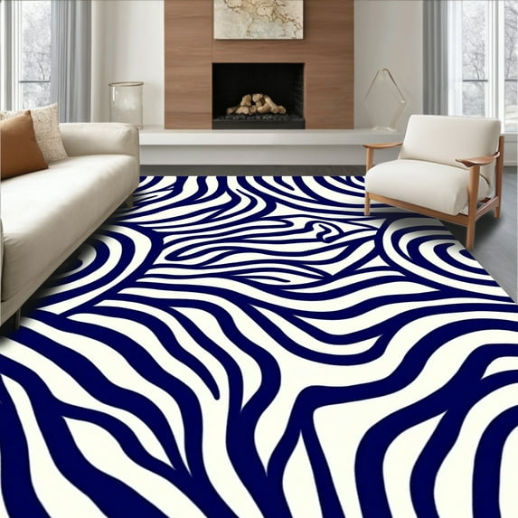 ODIKA 5'x7' Machine Washable Non-Slip Area Rug, Exotic Hide Indigo Faux Zebra Blue High Traffic Rug, Blue, 296605