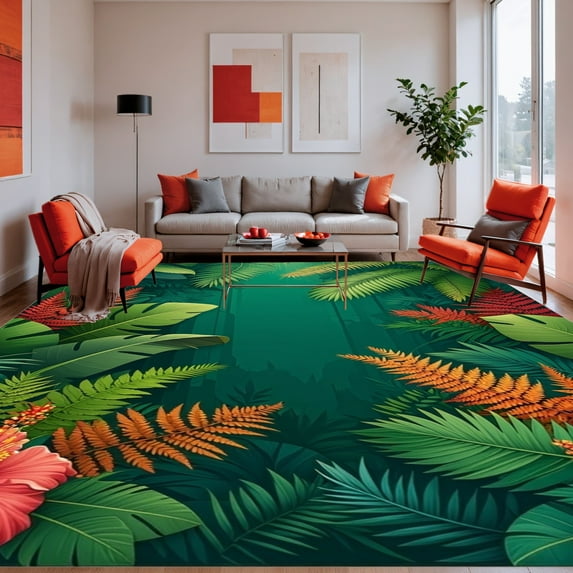ODIKA 4'x6' Machine Washable Non-Slip Area Rug, Exotic Jingle Jungle Tropical Leafy Artistic High Traffic Rug, Green, 281806