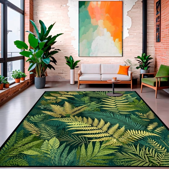 ODIKA 8'x10' Machine Washable Non-Slip Area Rug, Exotic Jungle Vibes Featuring Layered Fern and Leaf Motifs High Traffic Rug, Green, 144485