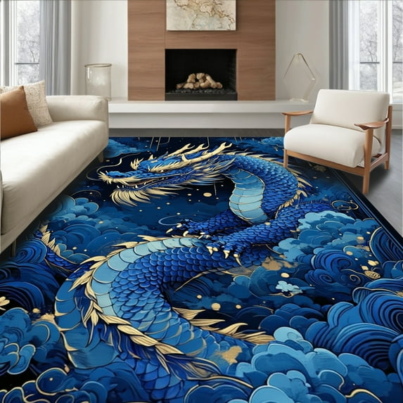 ODIKA 6'x9' Machine Washable Non-Slip Area Rug, Exotic Mythical Creature Design High Traffic Rug, Blue, 14399