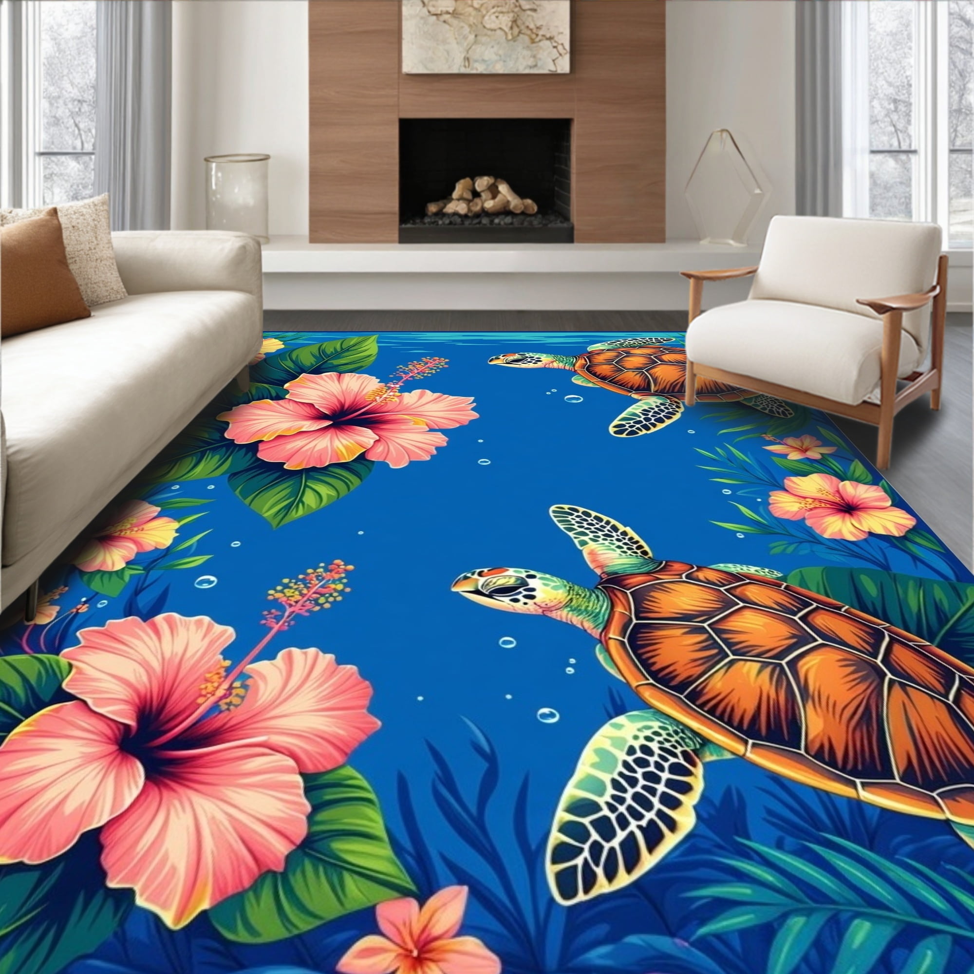 Flatwoven High Traffic Area Rug, Exotic Sea Turtle Silhouettes Amidst ...