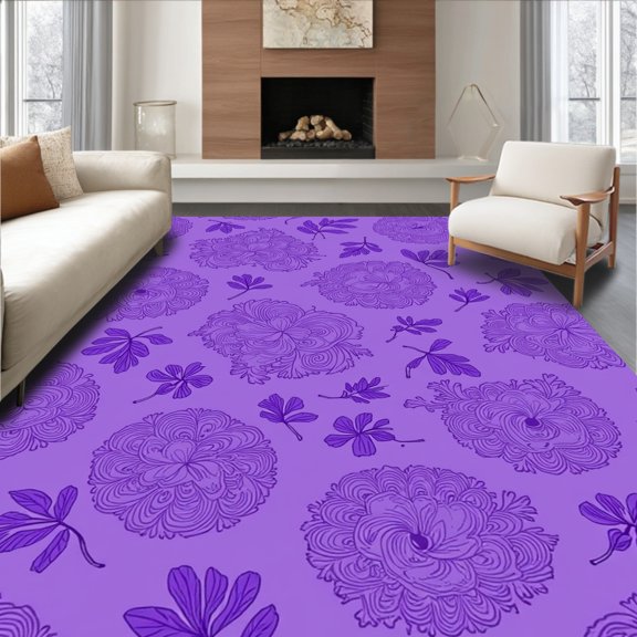 ODIKA 4'x6' Machine Washable Non-Slip Area Rug, Exotic Spotted Feline Floral High Traffic Rug, Purple, 294564