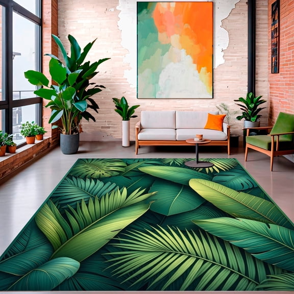 ODIKA 8'x10' Machine Washable Non-Slip Area Rug, Exotic Tropical Palm Leaf Mosaic with Botanical Jungle Vibes High Traffic Rug, Forest Green, 123150