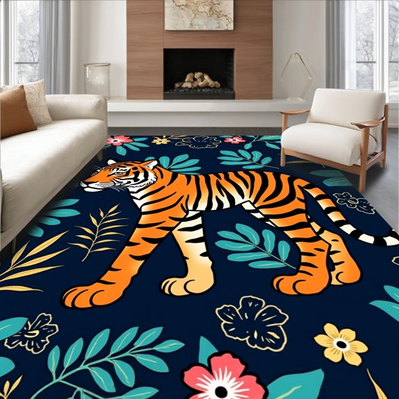 Flatwoven High Traffic Area Rug, Exotic Wilderness Feline Paradise Garden Tapestry, Non Slip, Stain Resistant, Washable Area Rugs for Living Room, Bedroom(Orange, 2X3)