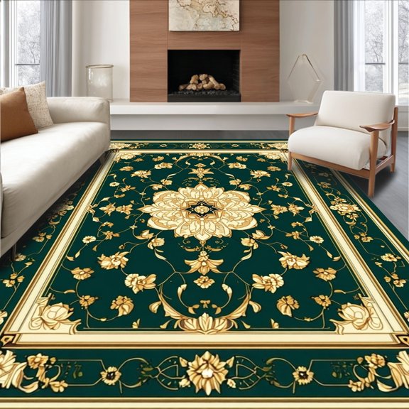 Flatwoven High Traffic Area Rug, Exuberant Ornamental Motif with Expressive Germane Accents, Non Slip, Stain Resistant, Washable Area Rugs for Living Room, Bedroom(Green, 2X3)