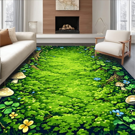 ODIKA 8'x10' Machine Washable Non-Slip Area Rug, Fairy Garden Magical Moss Woodland Floral High Traffic Rug, Green, 92918