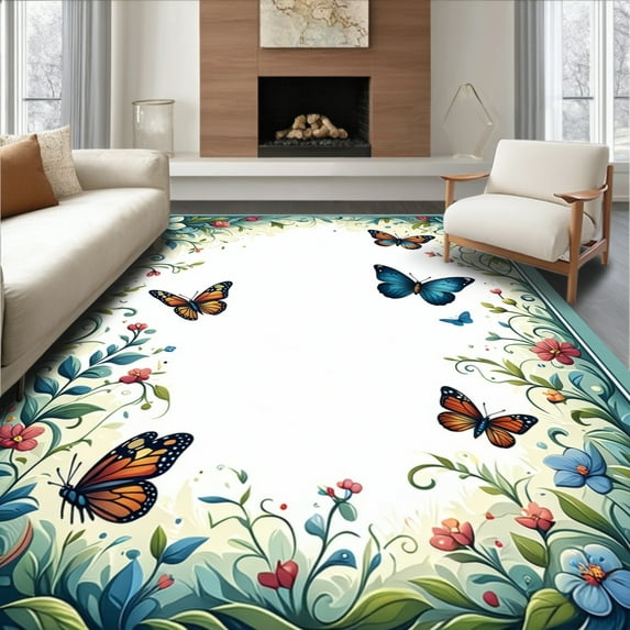 ODIKA 4'x6' Machine Washable Non-Slip Area Rug, Fairy Tale Insect Reverie with Botanical Scrollwork High Traffic Rug, Blue, 280399