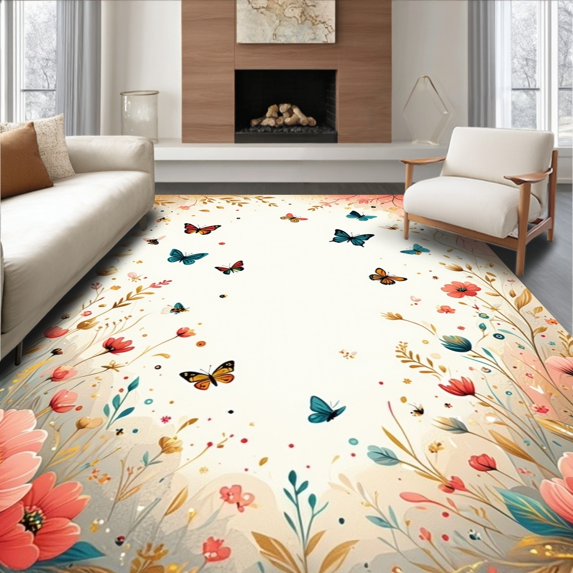 Flatwoven High Traffic Area Rug, Fairyland Flutter Parade with Playful Motifs and Floral Whirls, Non Slip, Stain Resistant, Washable Area Rugs for Living Room, Bedroom(Peach, 5X7)