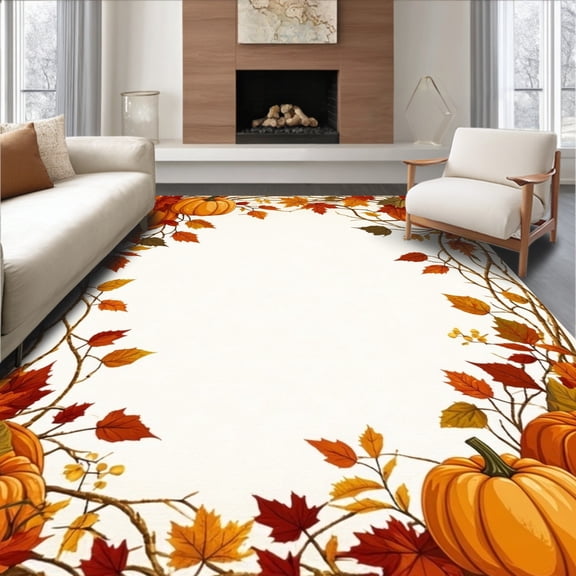 ODIKA 4'x6' Machine Washable Non-Slip Area Rug, Fall Harvest Welcome High Traffic Rug, Orange, 101506