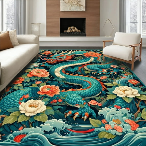 Flatwoven High Traffic Area Rug, Fantasy Dragon and Floral Artistry, Non Slip, Stain Resistant, Washable Area Rugs for Living Room, Bedroom(Blue, 2X3)