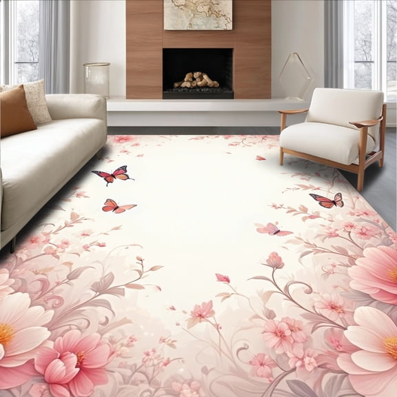 ODIKA 8'x10' Machine Washable Non-Slip Area Rug, Fantasy Floral Meadow Dreamy Design High Traffic Rug, Rose, 157058