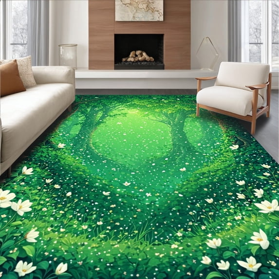 ODIKA 2'x3' Machine Washable Non-Slip Area Rug, Fantasy Woodland with Scattered Petals High Traffic Rug, Green, 92914