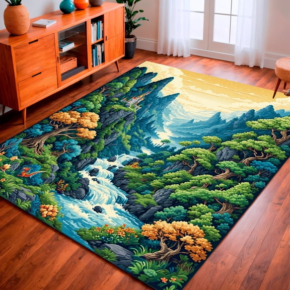 ODIKA 5'x7' Machine Washable Non-Slip Area Rug, Fantasy World with Dragons and Castles for Imaginative Play High Traffic Rug, Green, 129601