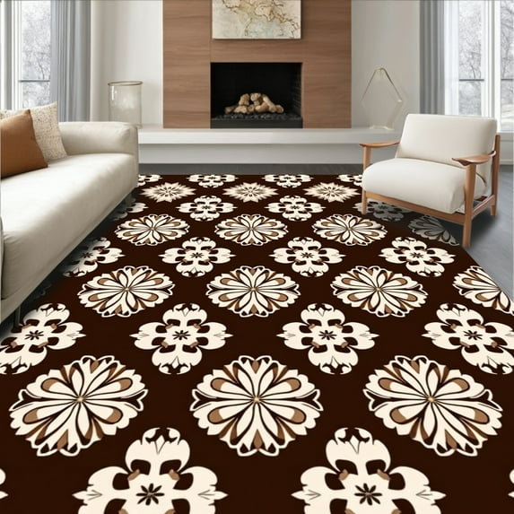 ODIKA 8' Machine Washable Non-Slip Area Rug, Farmhouse Floral Interlock High Traffic Rug, Brown, 310483