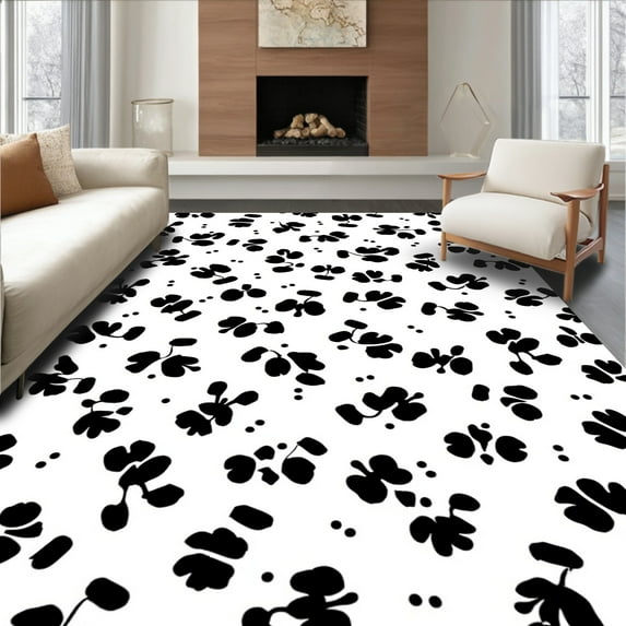 ODIKA 4'x6' Machine Washable Non-Slip Area Rug, Farmhouse Spotted Monochrome Decorative High Traffic Rug, Black, 289680